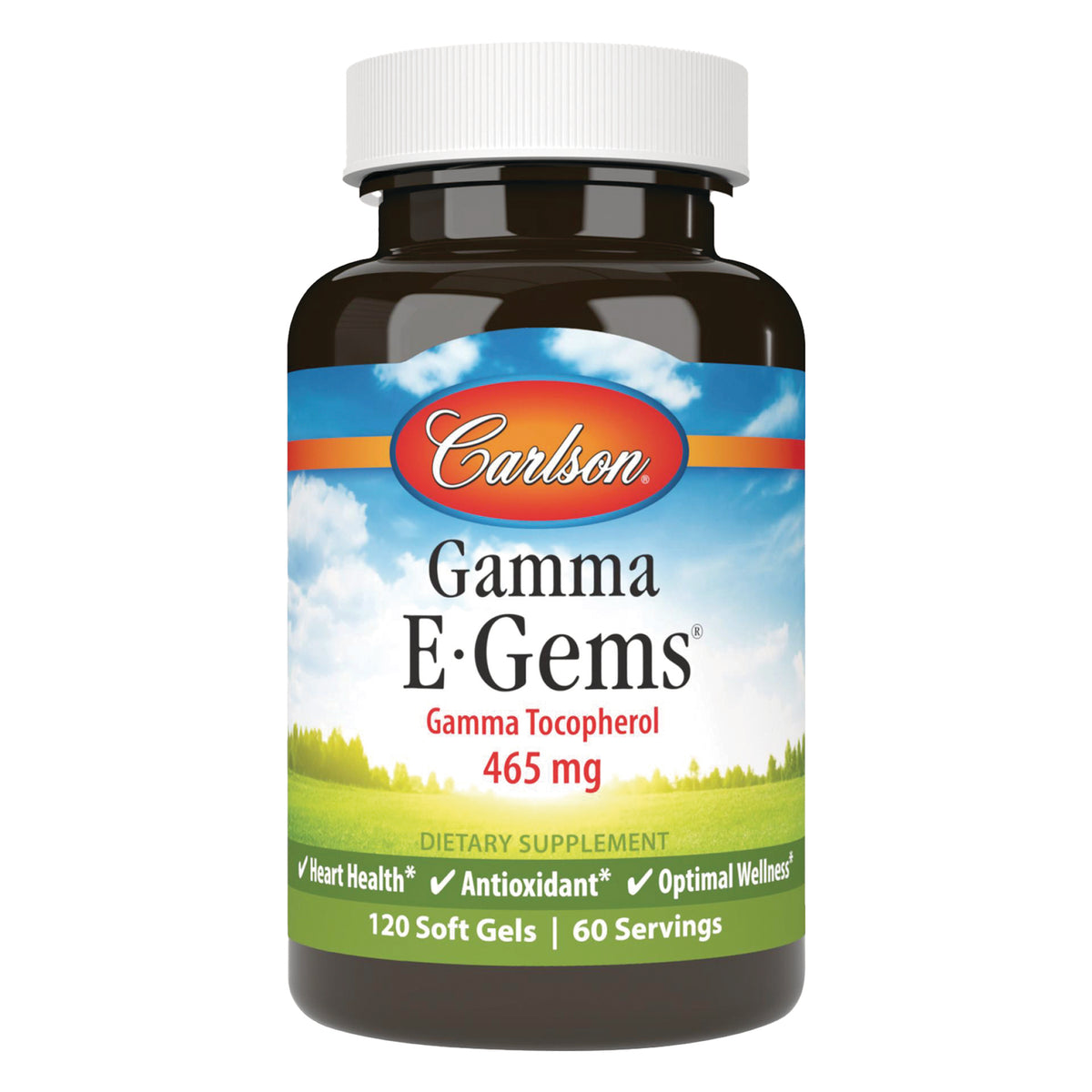 CSN249 | Carlson Gamma EGems bottle labeled Gamma Tocopherol 465 mg dietary supplement, 120 soft gels