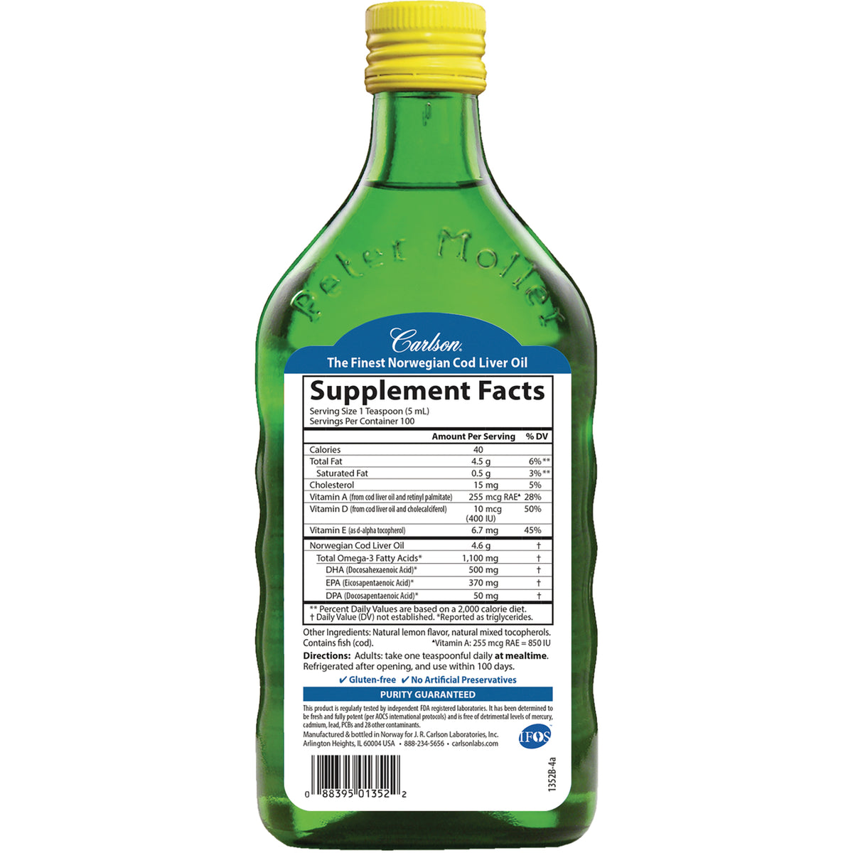 Green glass bottle back showing Supplement Facts label and nutrition facts for Norwegian cod liver oil