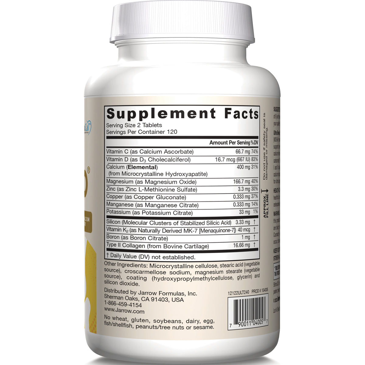 JR293 | Back of white supplement bottle showing Supplement Facts panel, ingredient list and barcode