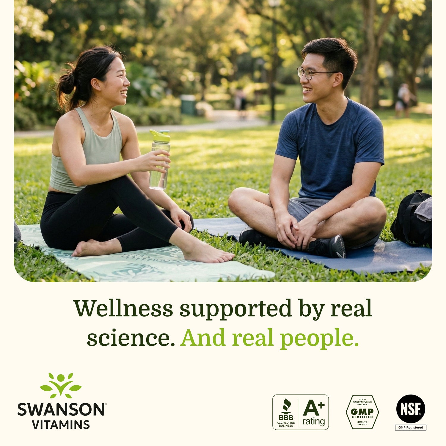 SW1831 | Swanson Vitamins lifestyle graphic with two people sitting on yoga mats in a park and brand certifications