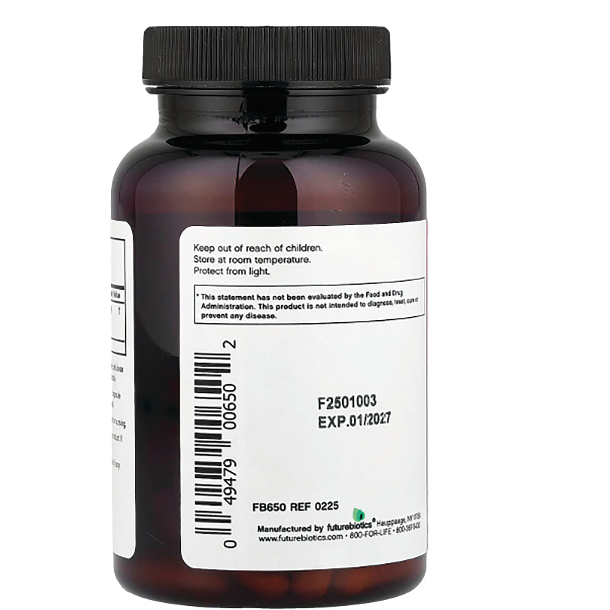 FB077 | Back of amber supplement bottle with white label showing barcode, lot F2501003 and EXP.01/2027