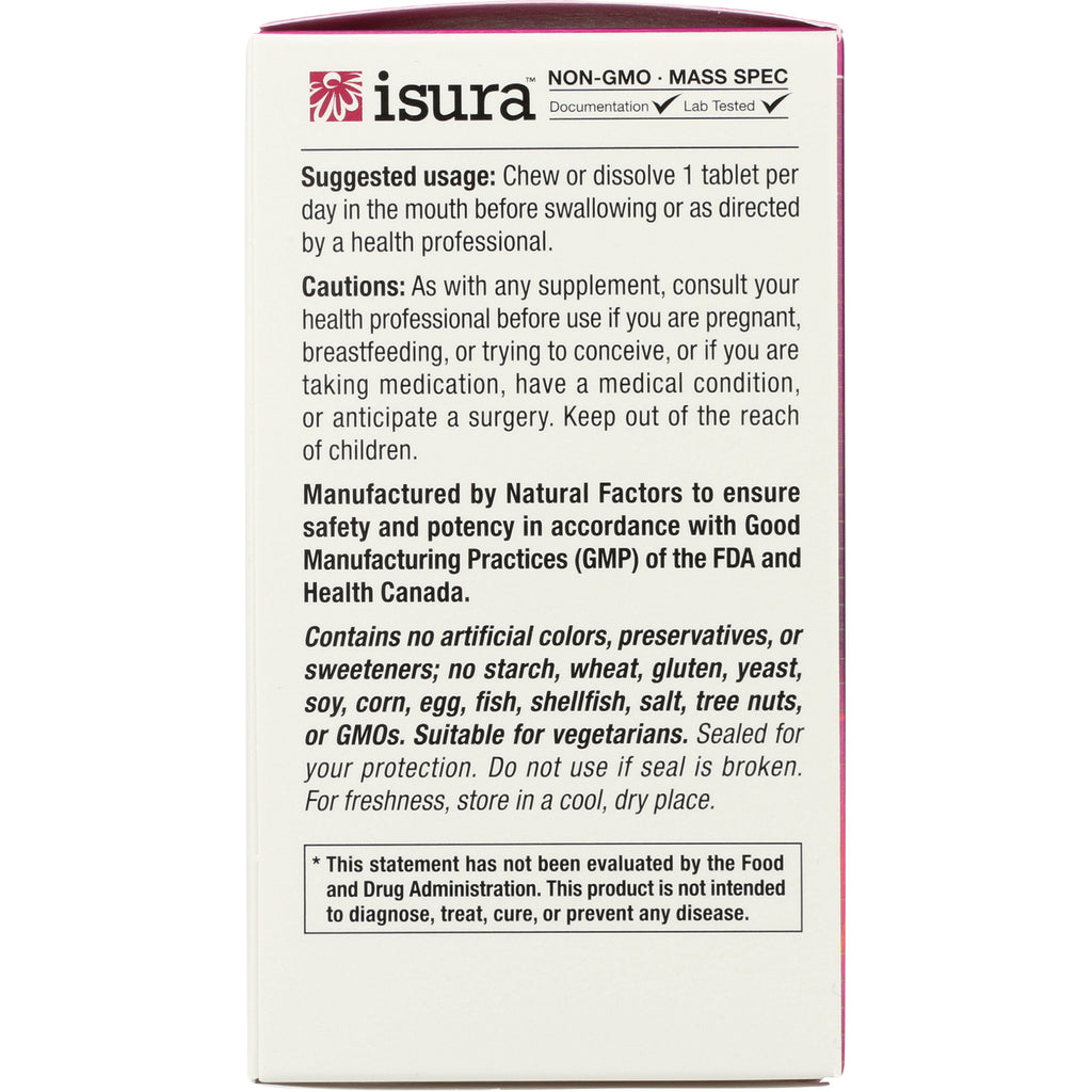 NFC107 | back panel of Isura supplement box with suggested usage, cautions, ingredient exclusions, and FDA disclaimer - Thumbnail