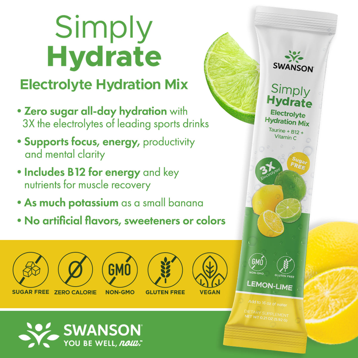 SW1897 |  Simply Hydrate electrolyte hydration mix infographic showing lemon-lime stick, bullet benefits and icons