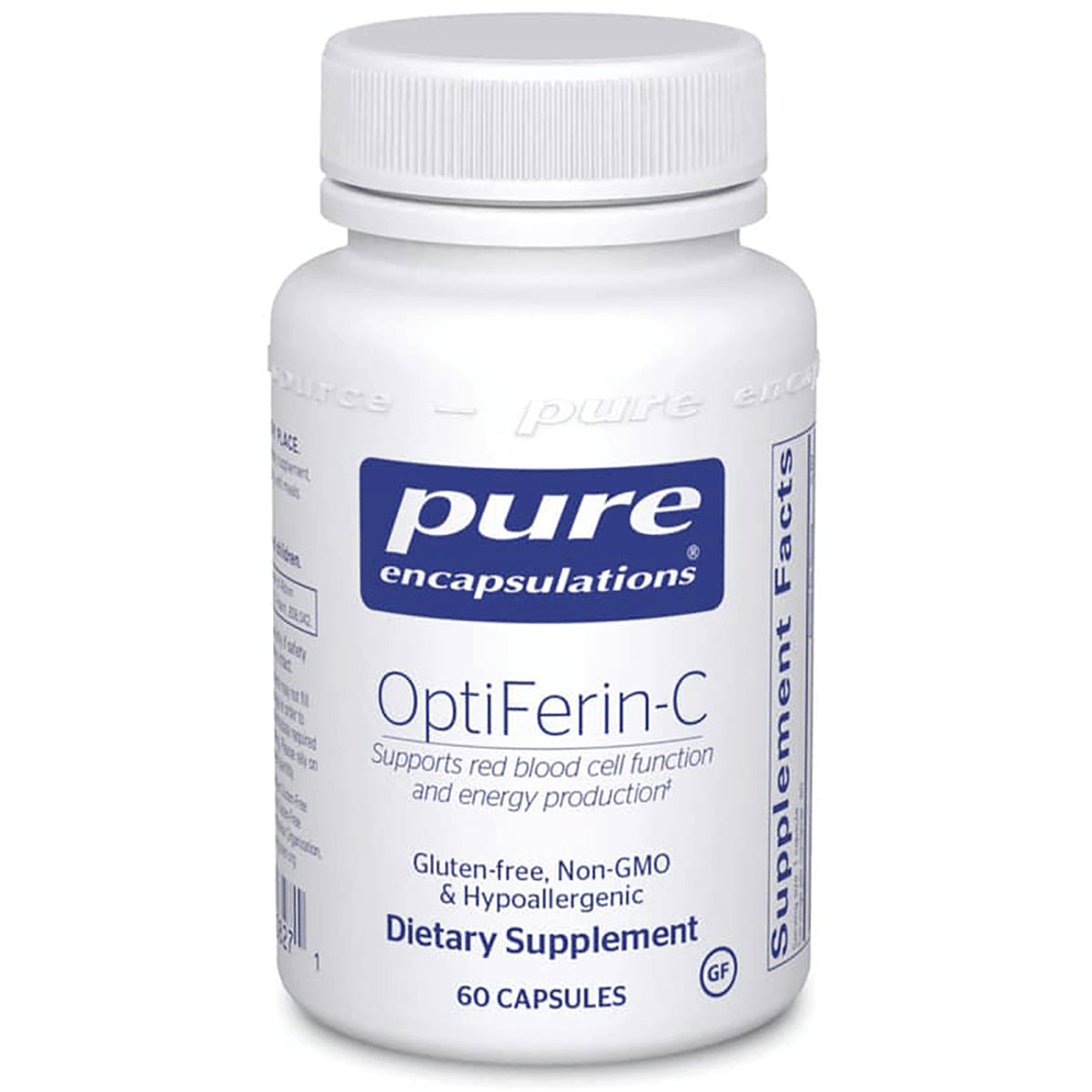 PRN185 | Pure Encapsulations OptiFerin-C white supplement bottle with front label, 60 capsules, gluten-free non-GMO