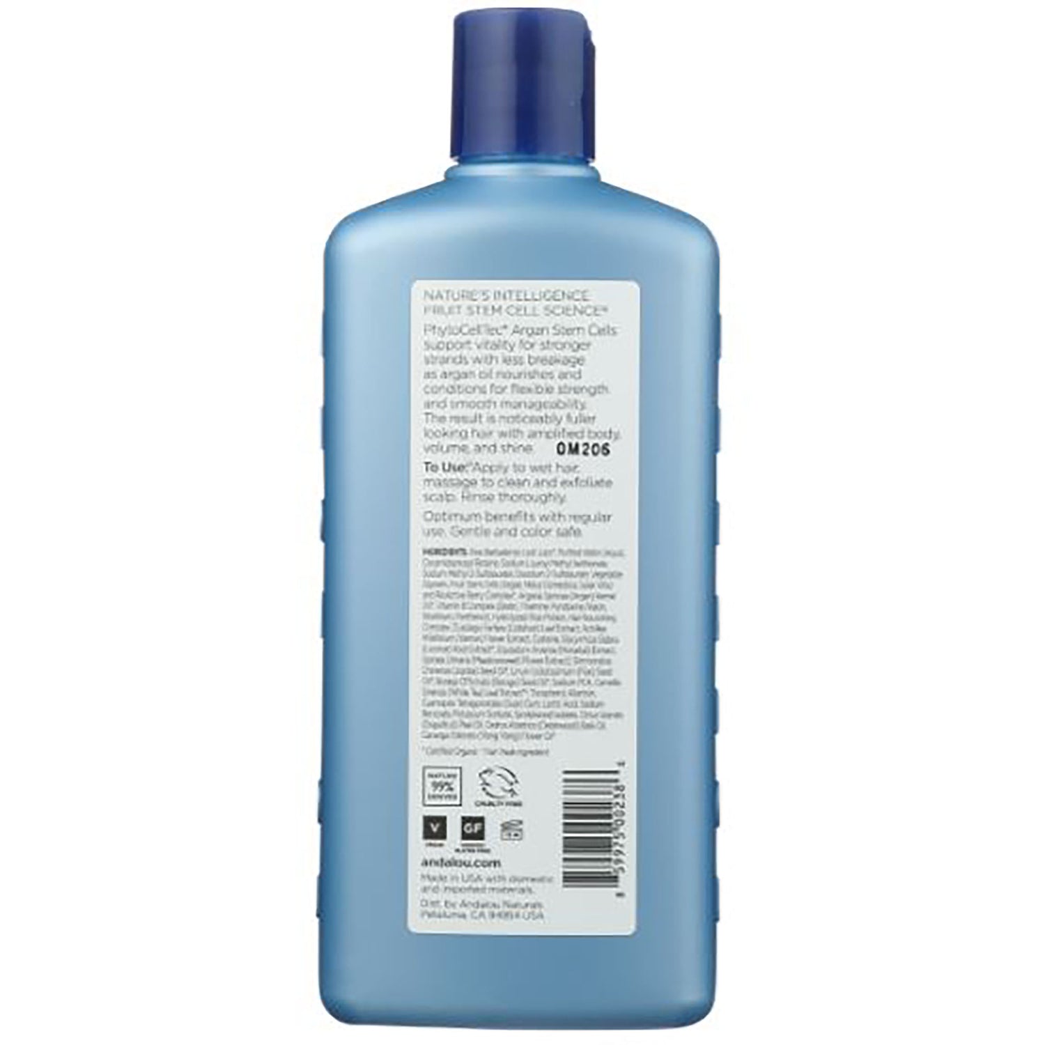 ADN012 | Back label of blue bottle with directions, ingredients, icons, and barcode