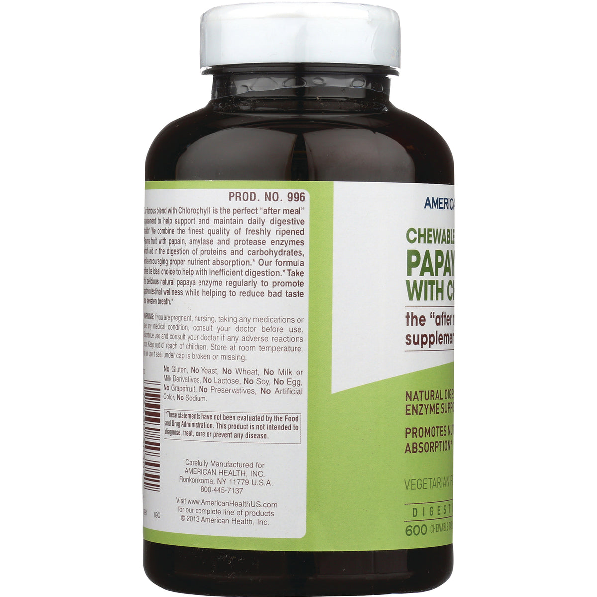 AM132 | Back label of brown supplement bottle with white cap and green and white label showing product info and text 'PROD. NO. 996'