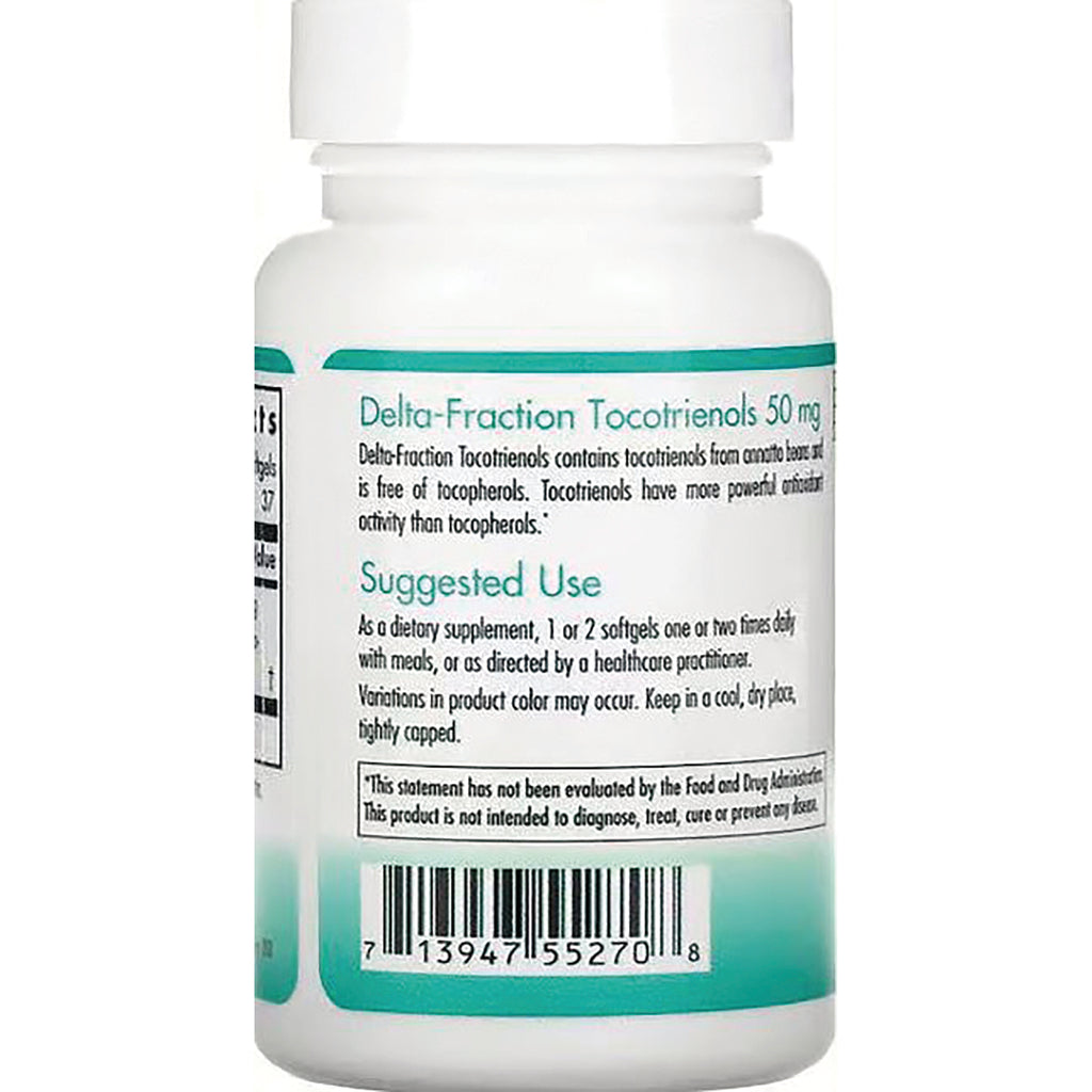 NCL031 | Back label of white supplement bottle showing Delta-Fraction Tocotrienols 50 mg, Suggested Use and barcode - Thumbnail