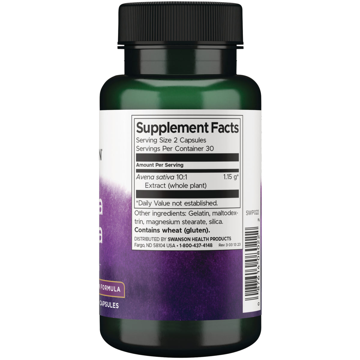 SWP022 | Back of bottle with Supplement Facts panel and ingredients, serving size 2 capsules