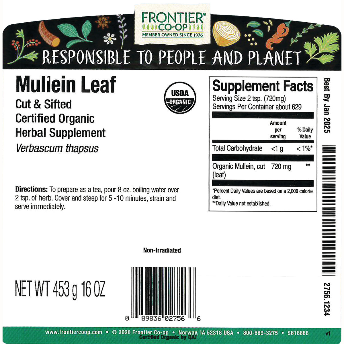 FNP384 | Back label of Frontier Co-op Mullein Leaf herbal supplement showing supplement facts, directions, net weight and barcode