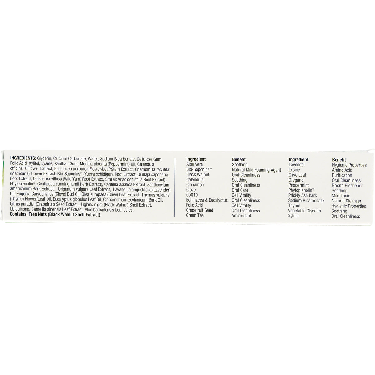 NAT078 | back panel showing ingredients list and ingredient-benefit table on white packaging