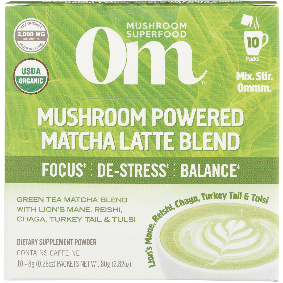 MMX037 | Om mushroom powered matcha latte blend box front panel with USDA Organic badge and latte art