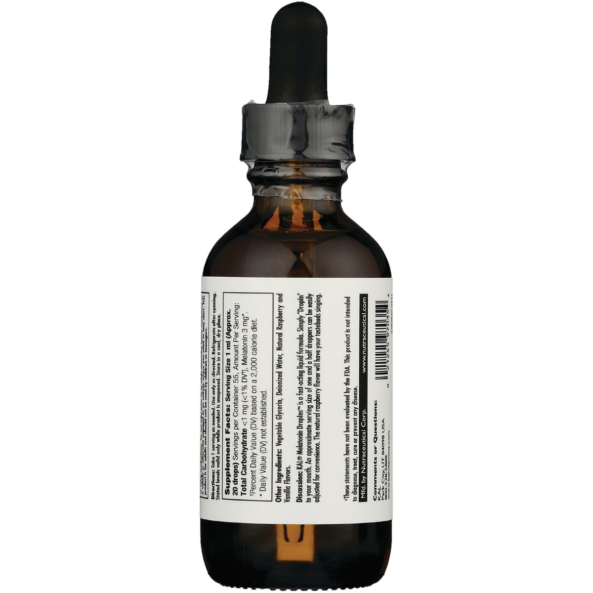Amber glass dropper bottle showing back label with ingredient panel and barcode
