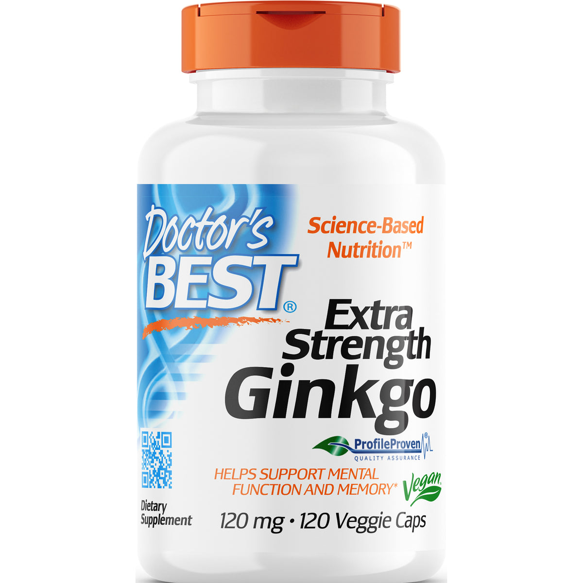 DB108 | Doctor's Best Extra Strength Ginkgo bottle front label, 120 mg, 120 veggie caps, vegan