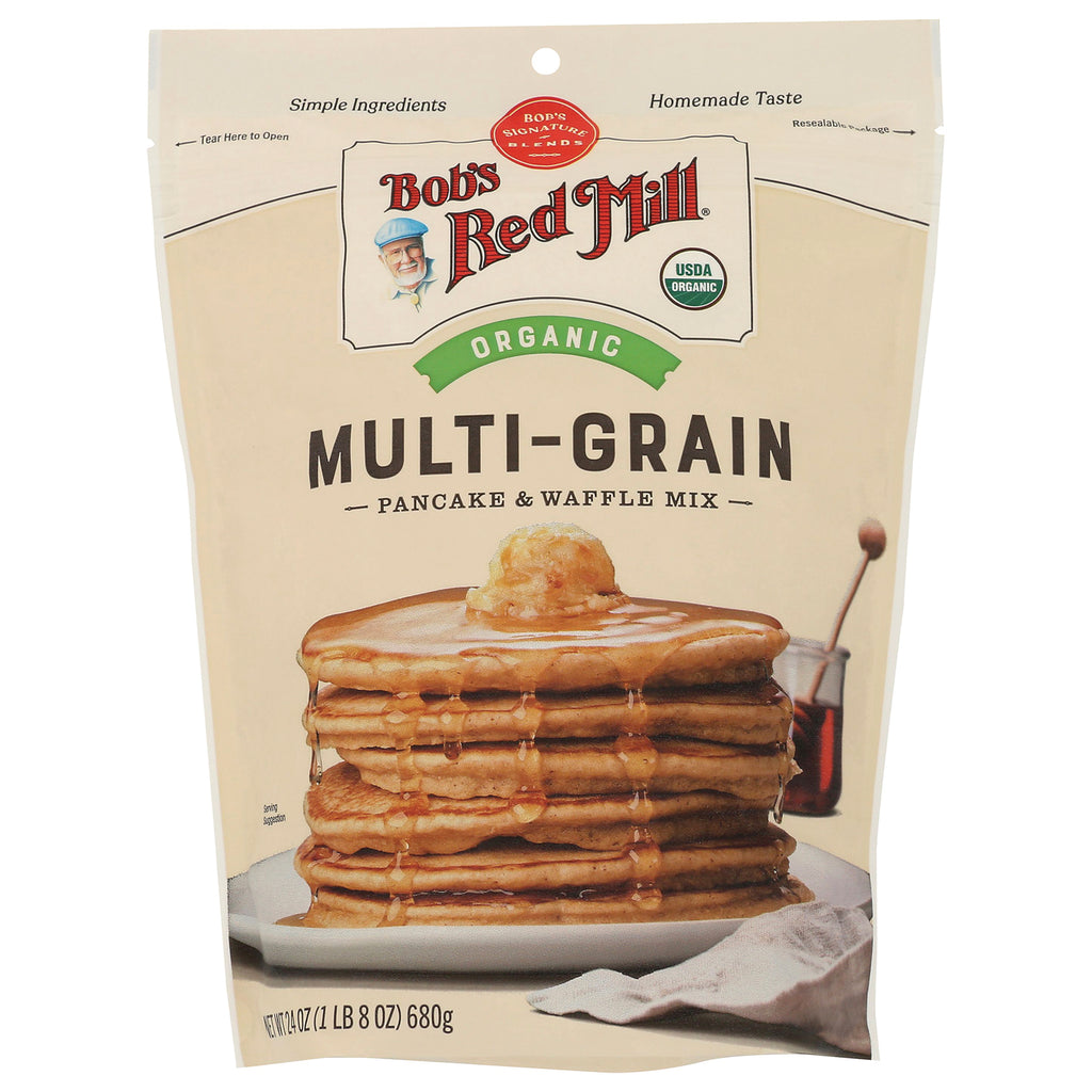 BOB322 | Bob's Red Mill Organic Multi-Grain pancake and waffle mix bag with stacked pancakes and syrup - Thumbnail