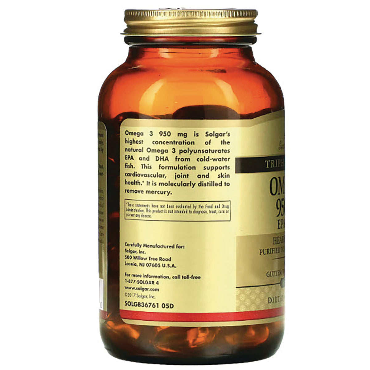 SLG339 | Back of amber supplement bottle showing Solgar Omega 3 950 mg label and ingredient text