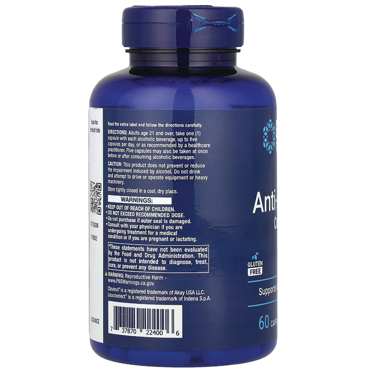 LE461 | Back of blue supplement bottle showing warnings, directions, barcode, and gluten free icon