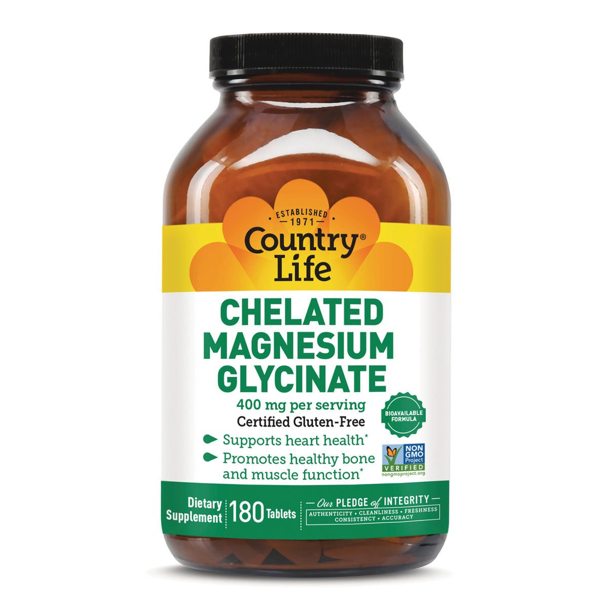 CRL649 | Country Life amber bottle of Chelated Magnesium Glycinate 400 mg per serving, 180 tablets front label