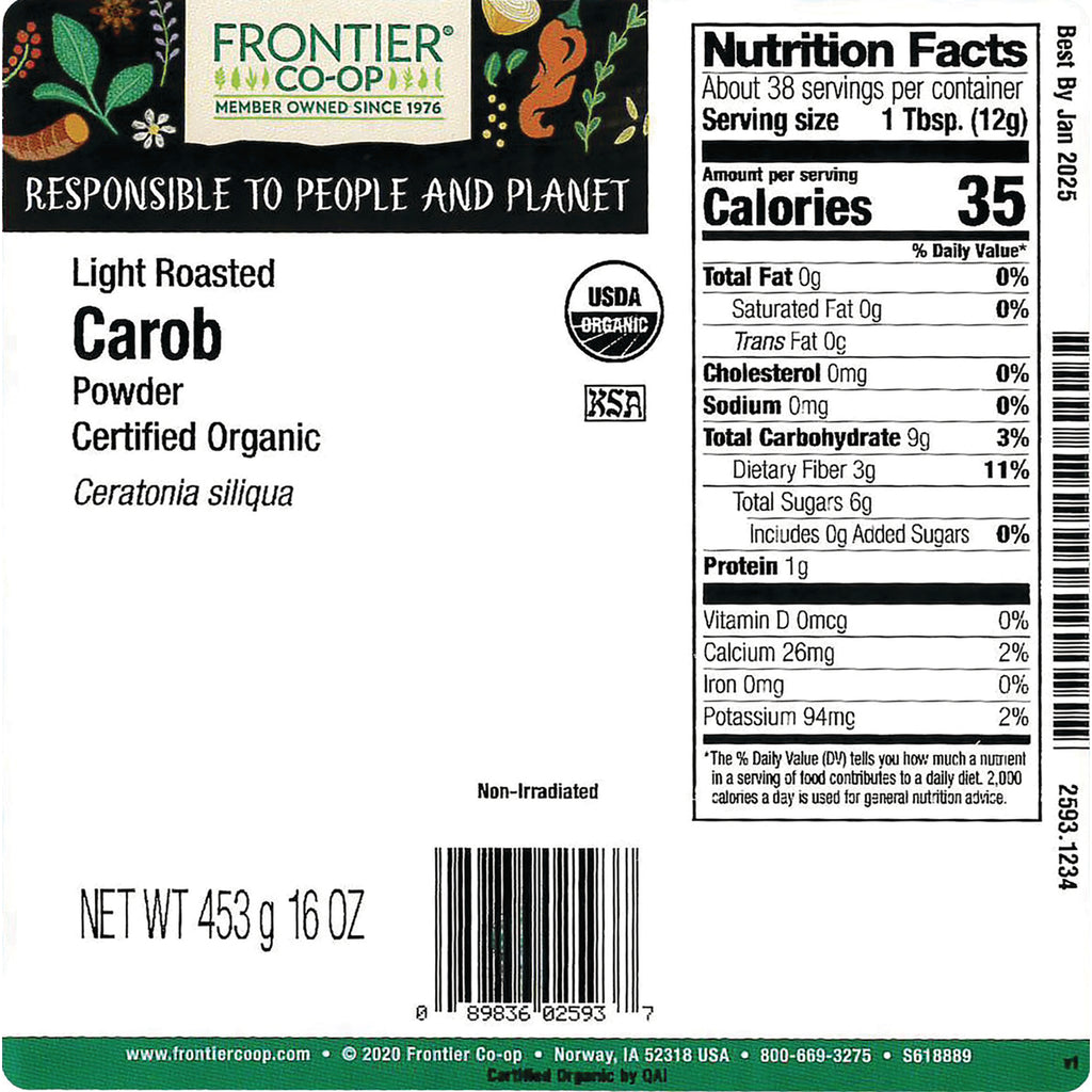 FNP071 | Back label of Frontier Co-op light roasted carob powder showing nutrition facts, USDA organic seal, and net wt 453 g 16 OZ - Thumbnail