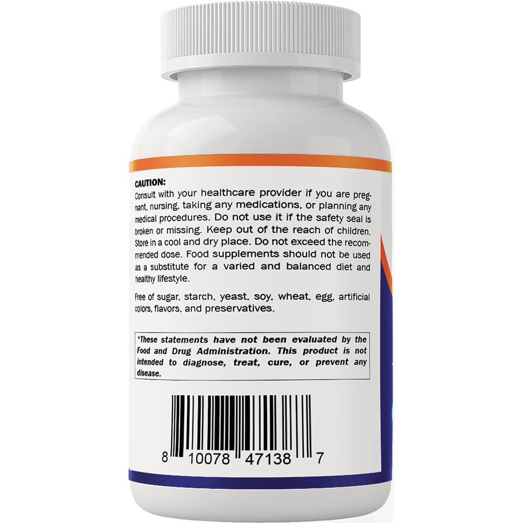 VAM021 | Back of white supplement bottle showing CAUTION text, FDA disclaimer, and barcode - Thumbnail