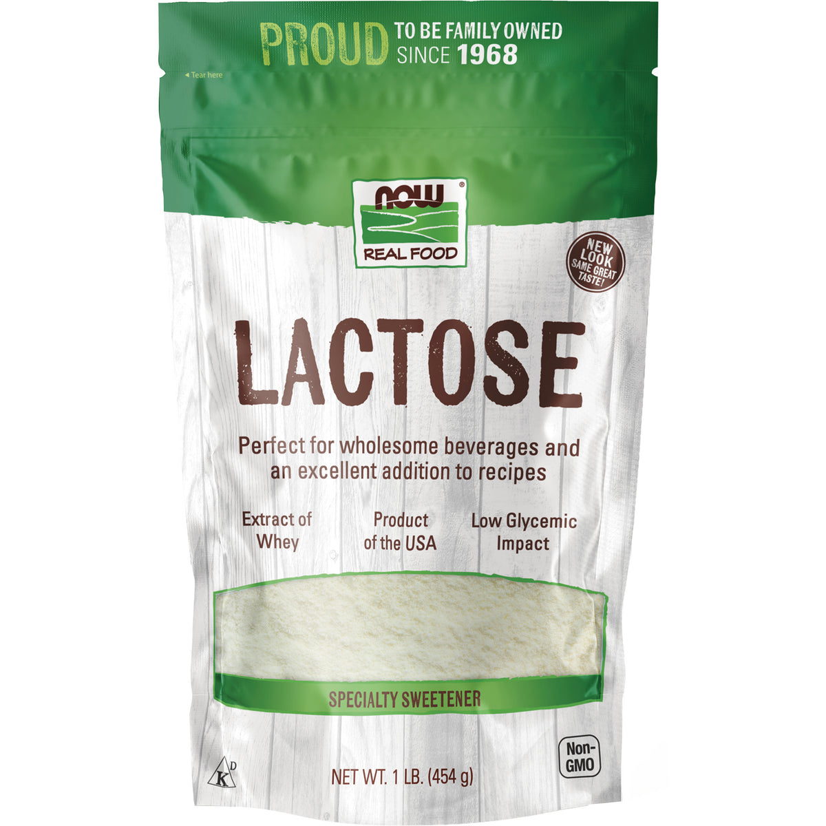 NWF373 | NOW Real Food Lactose specialty sweetener pouch front showing product name and net wt 1 lb (454 g)
