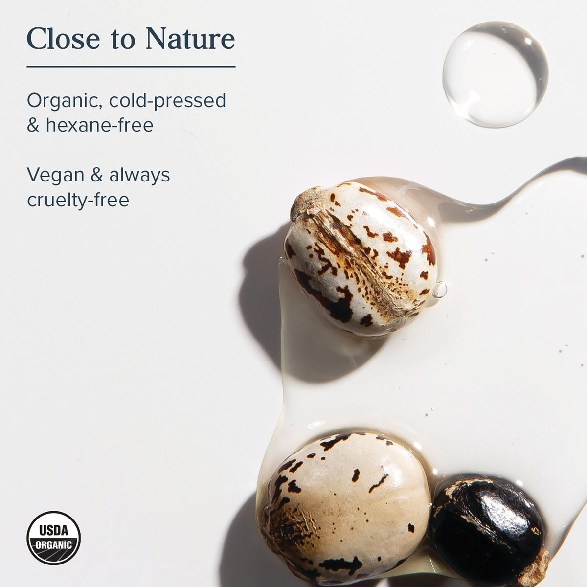 HTG011 | Close to Nature text with castor seeds in oil droplets and USDA ORGANIC seal