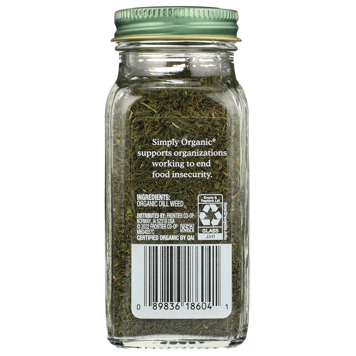 SMP066 | back of glass jar of organic dill weed showing ingredients text, recycling symbol, and barcode