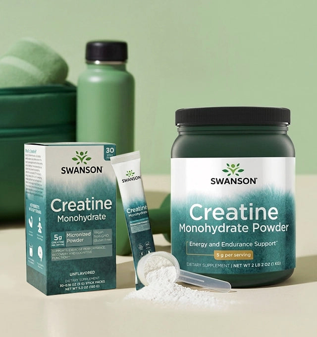 Swanson Creatine Monohydrate powder packaging on a light green background