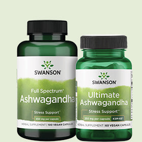 Two Swanson brand Ashwagandha supplement bottles on a light green background