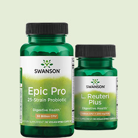 Two Swanson brand supplement bottles on a light green background