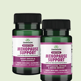 Two bottles of Swanson Menopause Support supplements on a light green background
