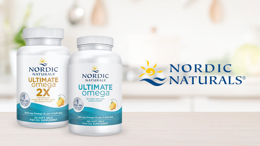 Two bottles of Nordic Naturals Ultimate Omega supplement on a light background