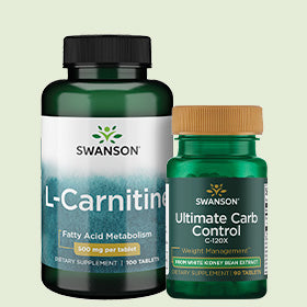 Two Swanson dietary supplement bottles on a light green background