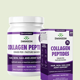 Swanson Collagen Peptides supplement container and packaging on a light green background