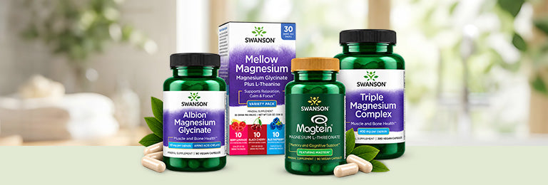 Swanson magnesium products displayed together: Albion Magnesium Glycinate, Mellow Magnesium drink mix variety pack, Magtein Magnesium L-Threonate, and Triple Magnesium Complex.
