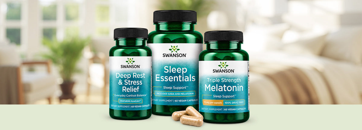 Three Swanson sleep supplements—Deep Rest & Stress Relief, Sleep Essentials, and Triple Strength Melatonin—displayed together with three capsules in front.