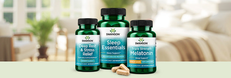 Three Swanson sleep supplements—Deep Rest & Stress Relief, Sleep Essentials, and Triple Strength Melatonin—displayed together with three capsules in front.