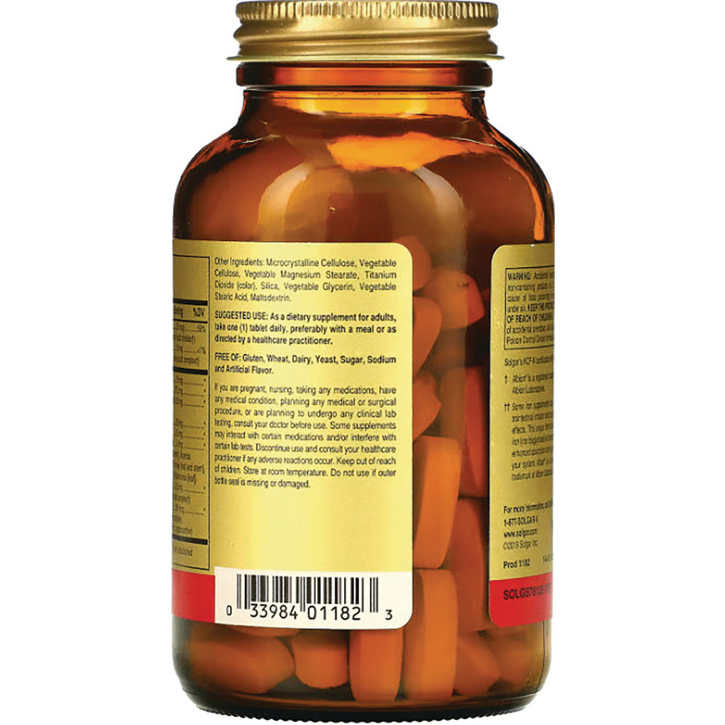 SLG223 | Back of amber supplement bottle showing label text, barcode and orange tablets inside - Thumbnail