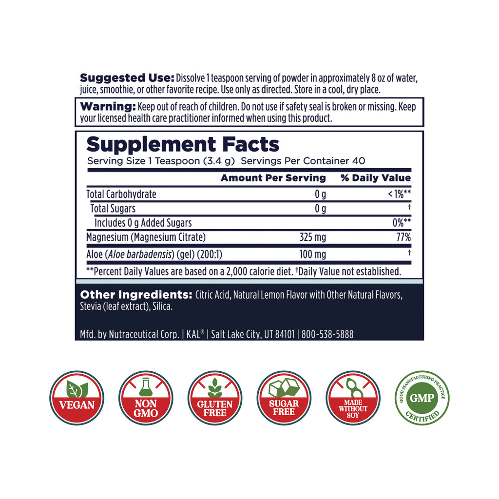 Supplement Facts panel showing serving size 1 teaspoon, magnesium 325 mg, aloe 100 mg, other ingredients and six certification icons - Thumbnail