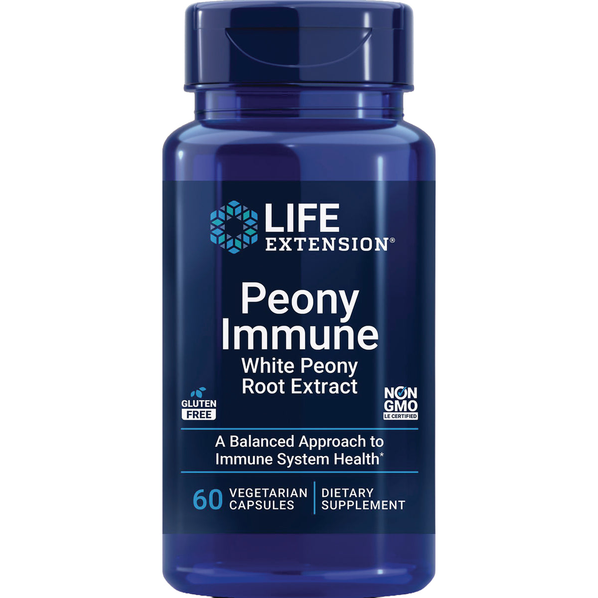 LE277 | Life Extension Peony Immune white peony root extract dietary supplement bottle, 60 vegetarian capsules