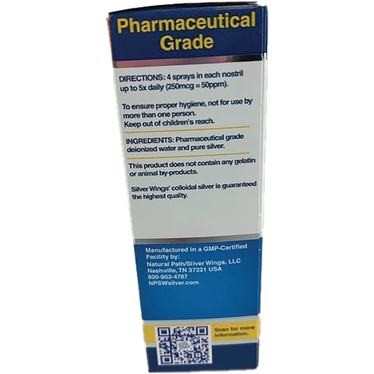 NPS007 | Back of box labeled Pharmaceutical Grade with directions, ingredients, manufacturer details and QR code