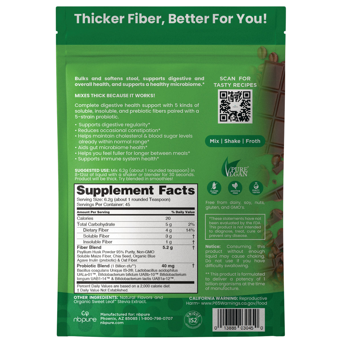 ARL010 | Back of green supplement pouch showing Supplement Facts panel, usage directions, QR code and branding