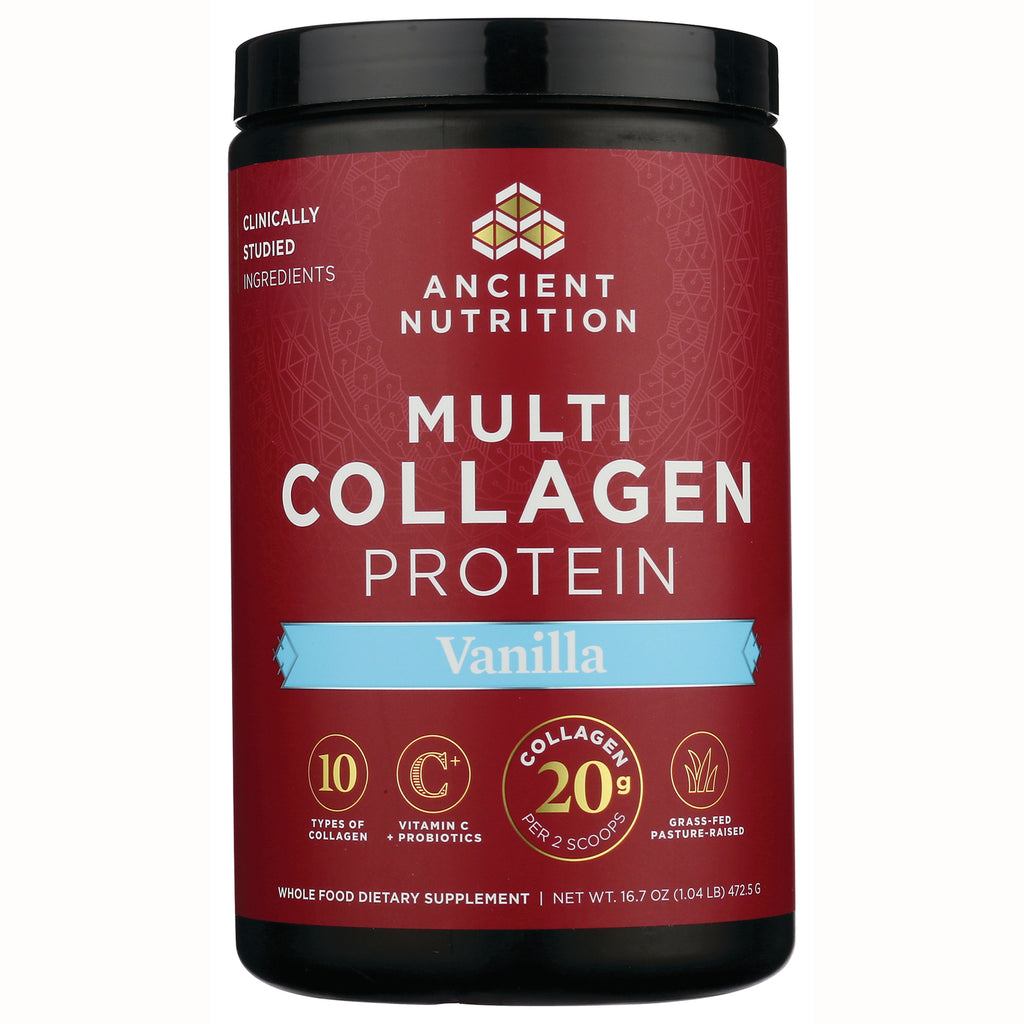 ATN025 | Ancient Nutrition Multi Collagen Protein vanilla tub front label showing 'Vanilla' banner and 20g collagen - Thumbnail