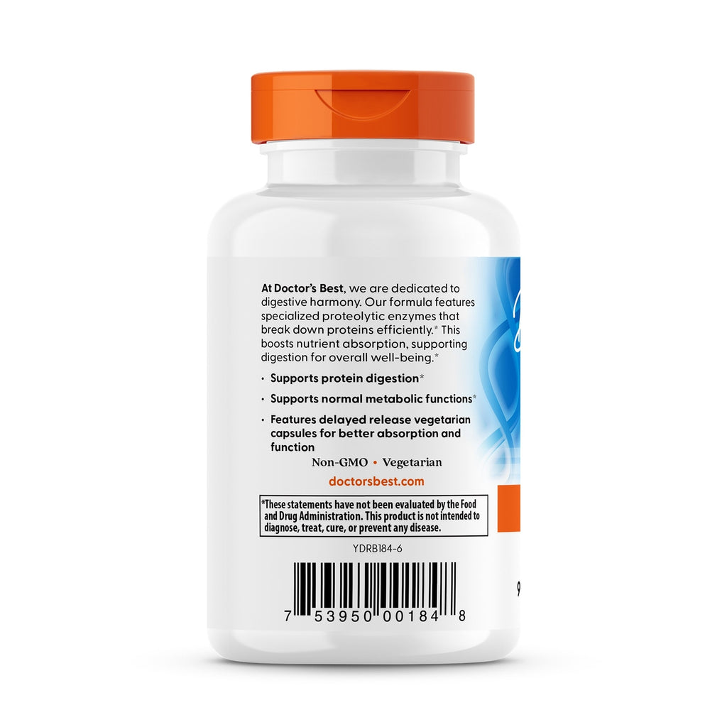 DB090 | Doctor's Best Proteolytic Enzymes back label showing product description, claims, barcode and QR code - Thumbnail