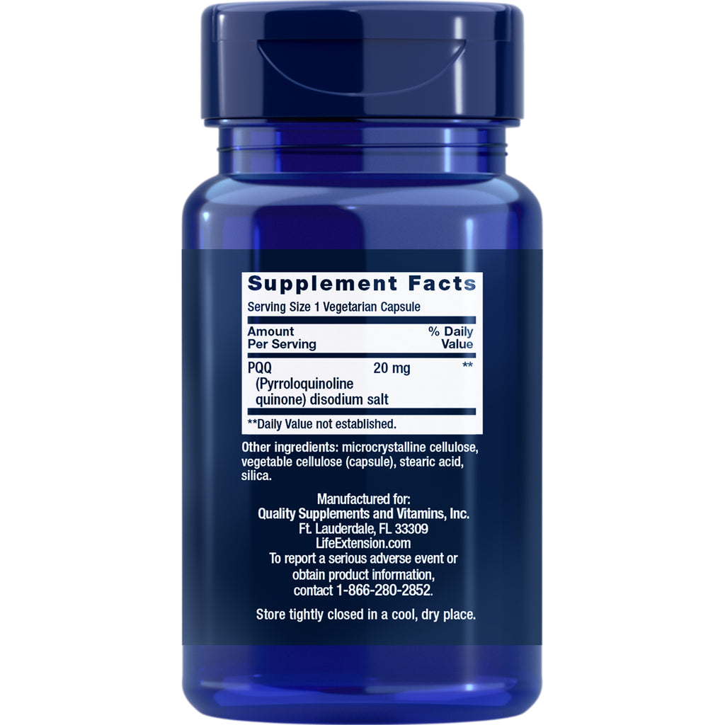 LE198 | Blue supplement bottle showing the back label with Supplement Facts for PQQ 20 mg and ingredients - Thumbnail