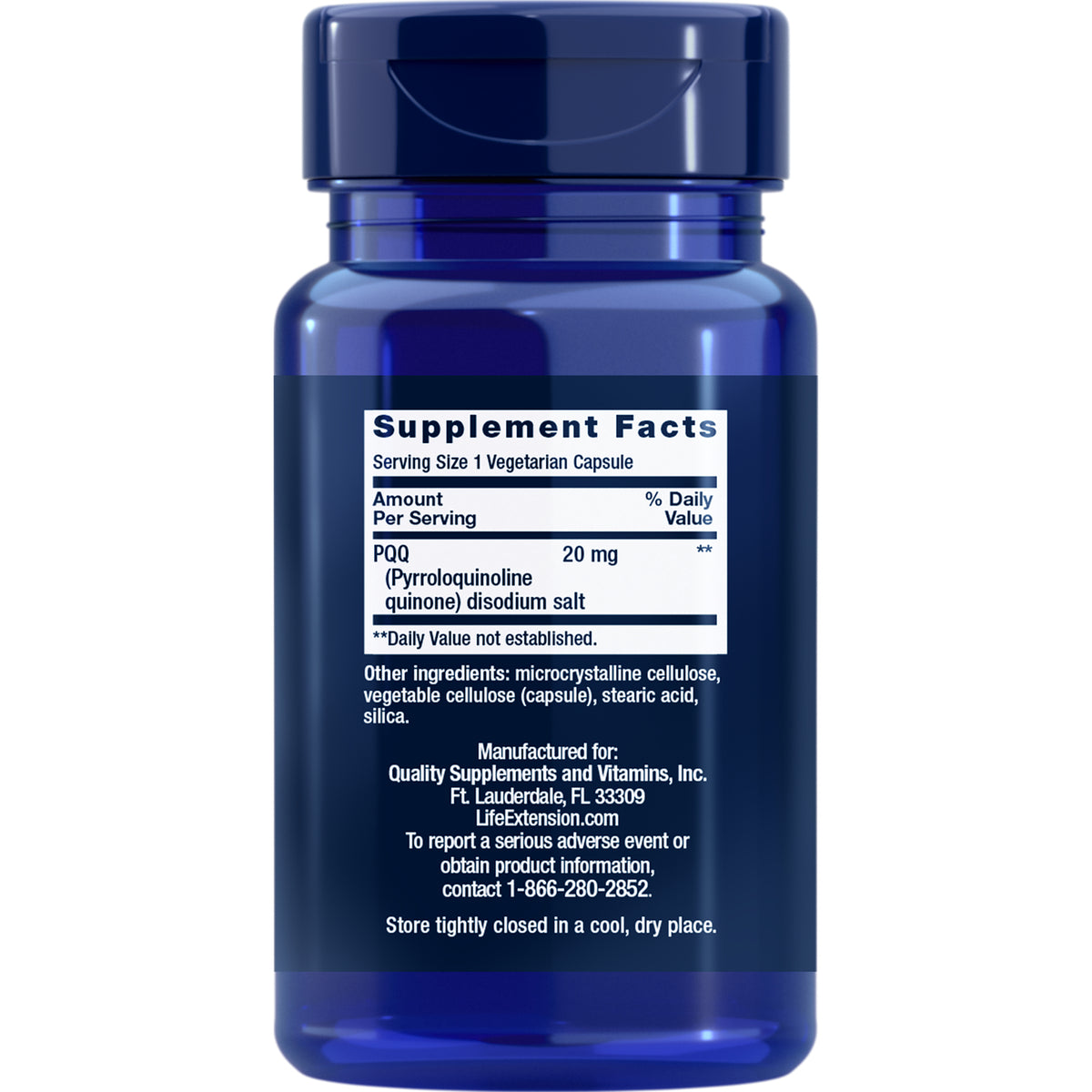 LE198 | Blue supplement bottle showing the back label with Supplement Facts for PQQ 20 mg and ingredients