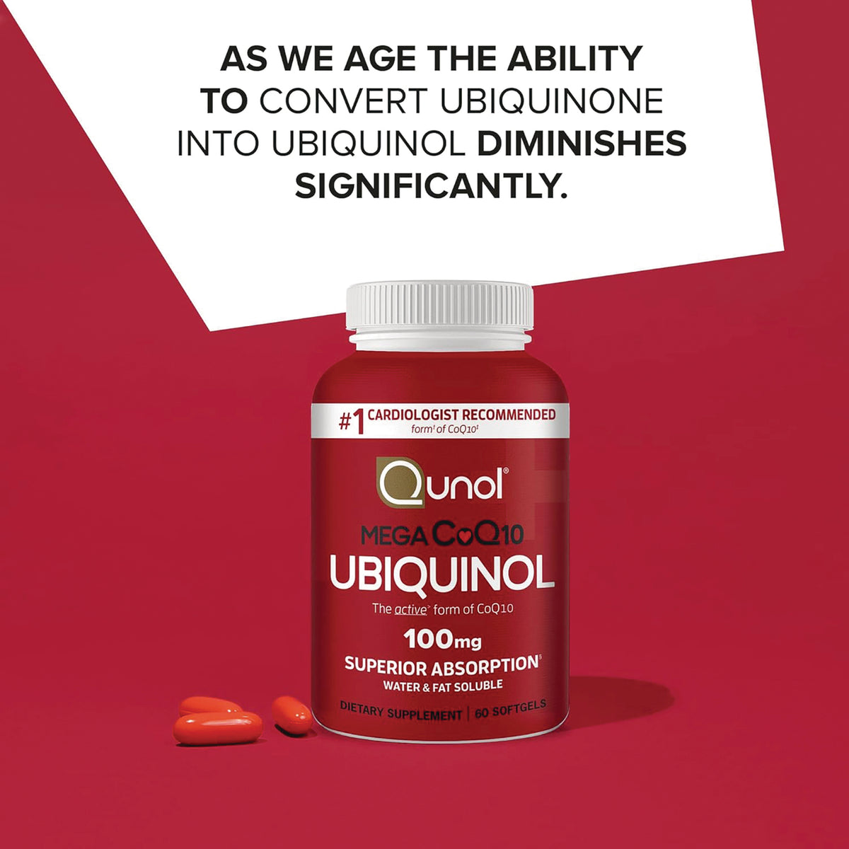QNL003 | Qunol Mega CoQ10 Ubiquinol 100 mg softgel bottle with claim text about ubiquinone conversion
