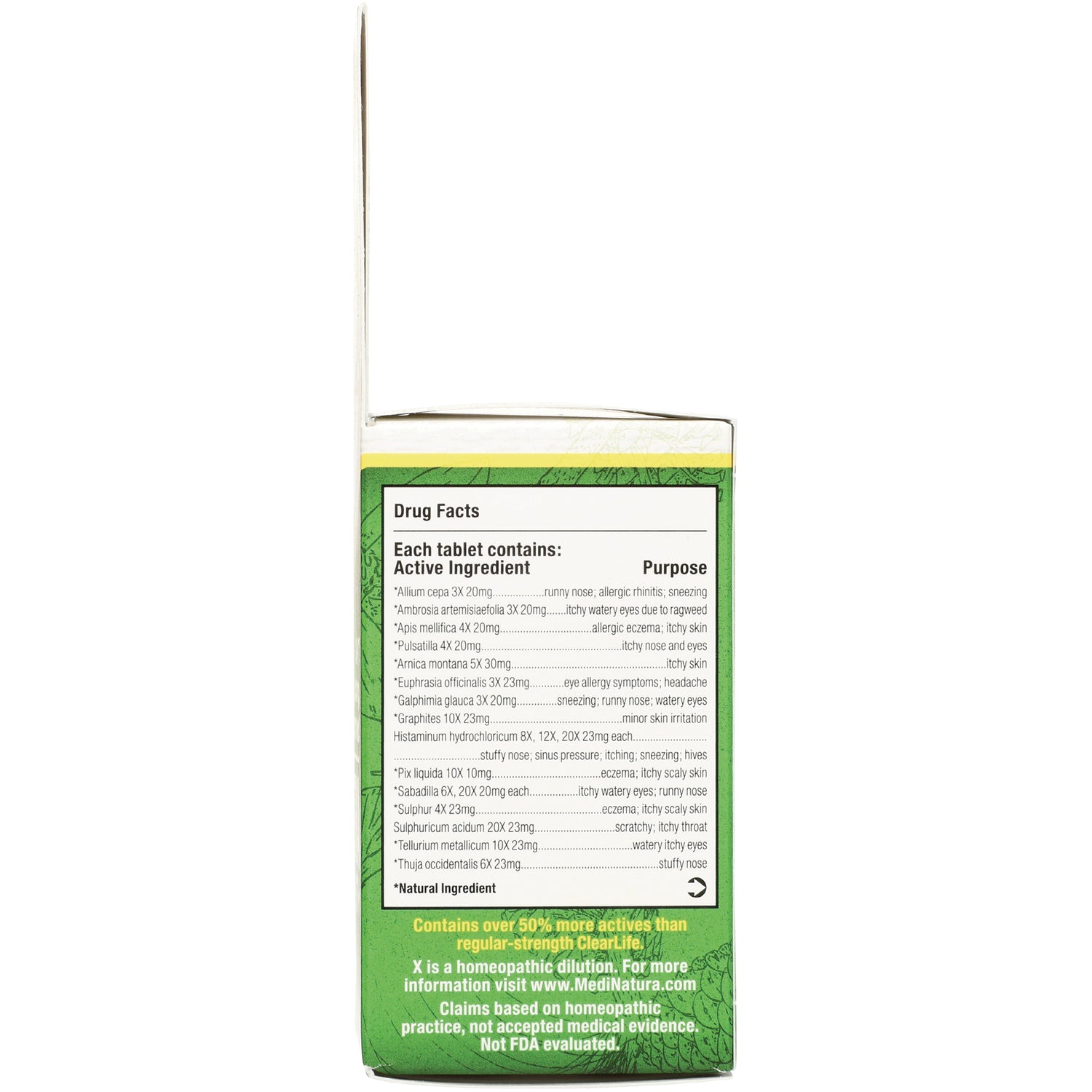 MNA054 | Back of green product box showing Drug Facts panel with active ingredients and regulatory text