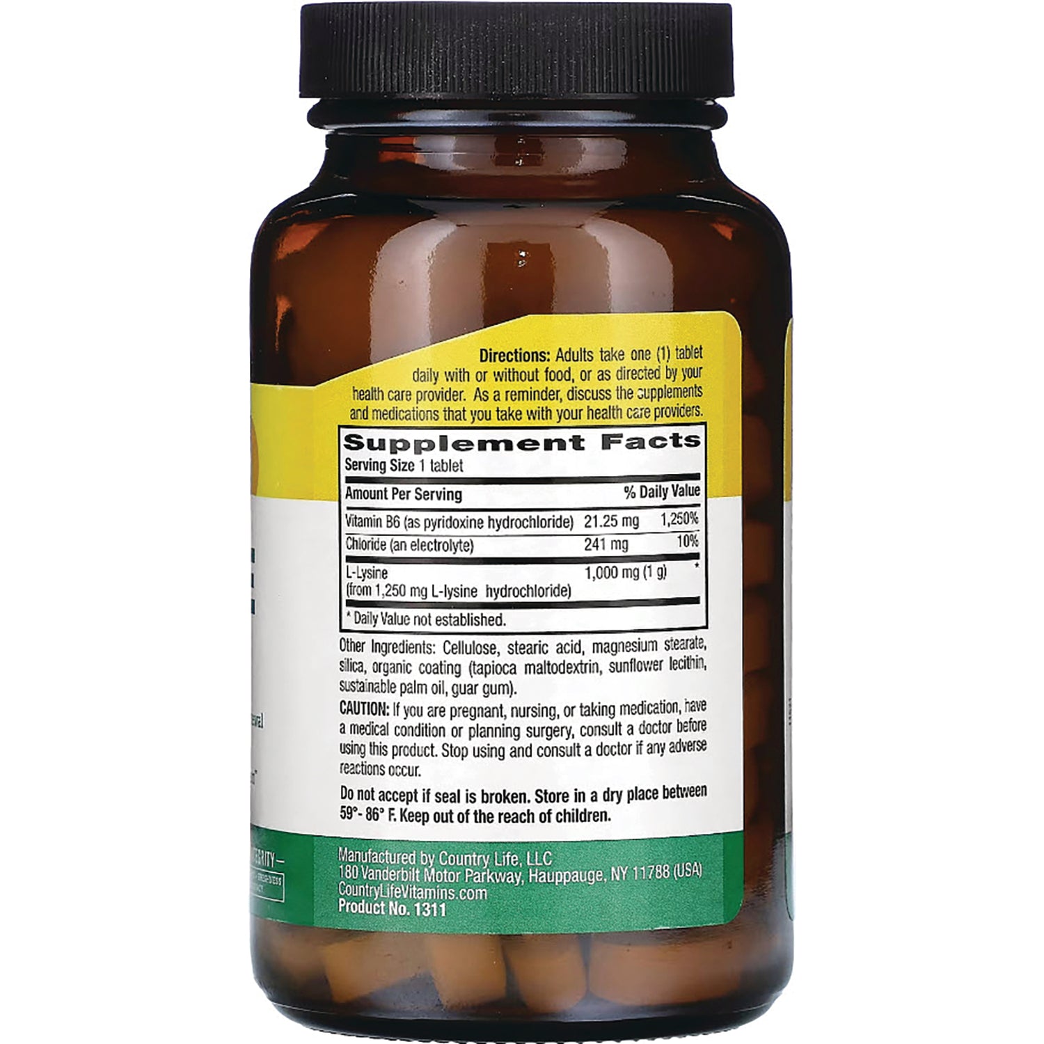 CRL078 | back label showing supplement facts nutrition panel and caution text on brown pill bottle