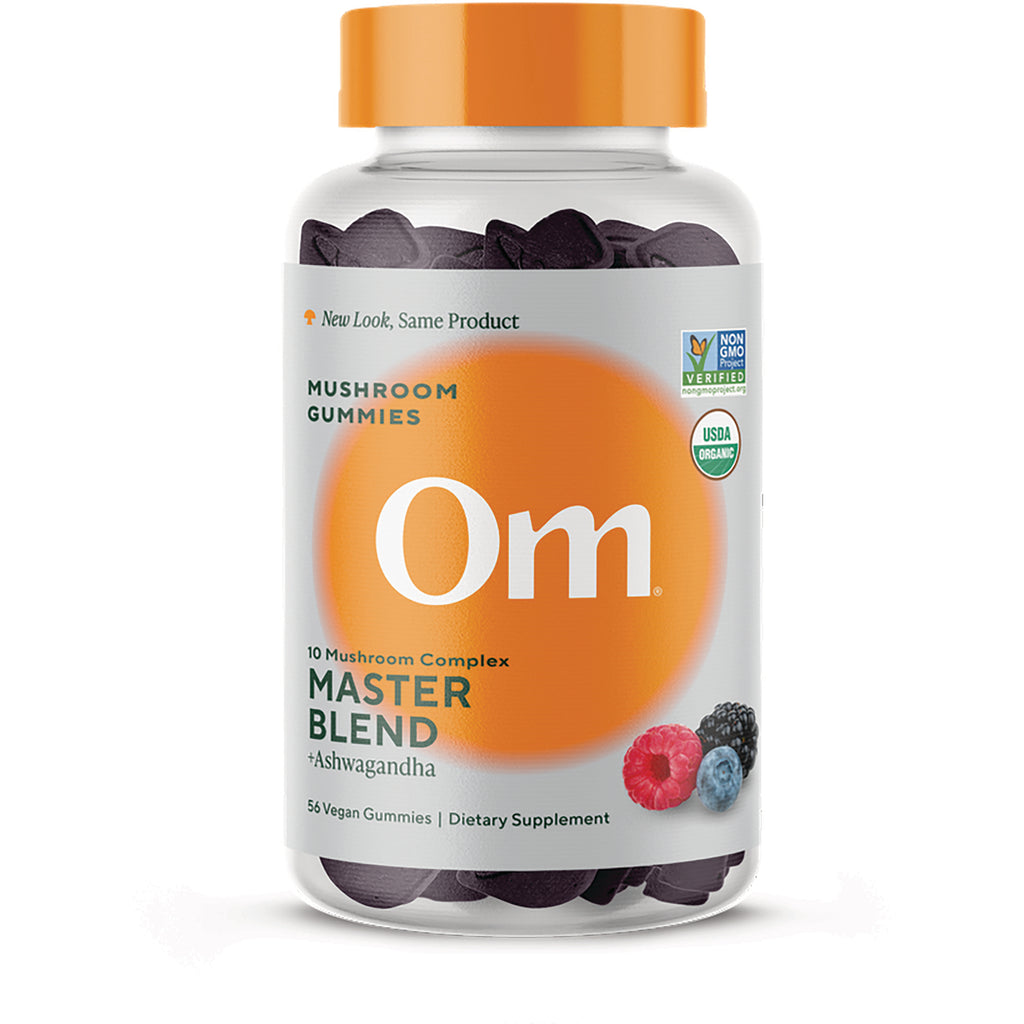 MMX052 | Om Master Blend mushroom gummies bottle, mixed berry flavored, front label shows 56 vegan gummies and 250mg ashwagandha - Thumbnail