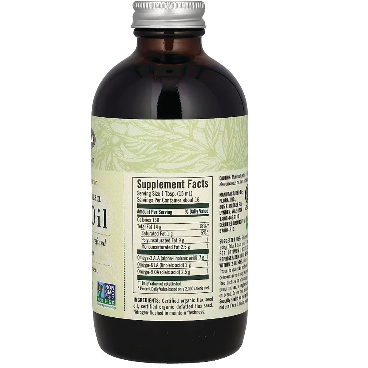 Bottle back showing Supplement Facts panel with serving size 1 Tbsp and nutrition facts